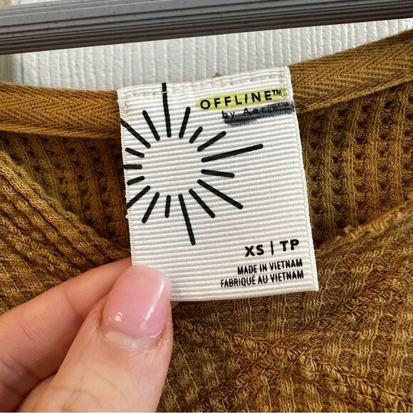 Offline By Aerie Waffle Knit Hoodie Mustard Yellow Size XSmall - Picture 7 of 9